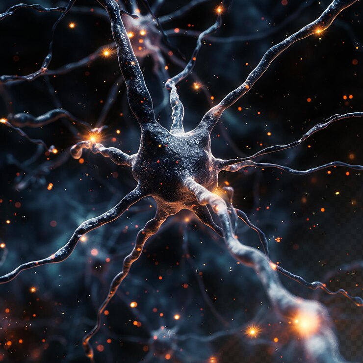 PSD frattali neuronali microscopici con particelle di luce blu, microbiologia medica, sfondo nero
