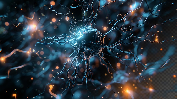 PSD frattali neuronali microscopici con particelle di luce blu, microbiologia medica, sfondo nero