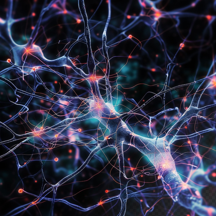 PSD frattali neuronali microscopici con particelle di luce blu, microbiologia medica, sfondo nero