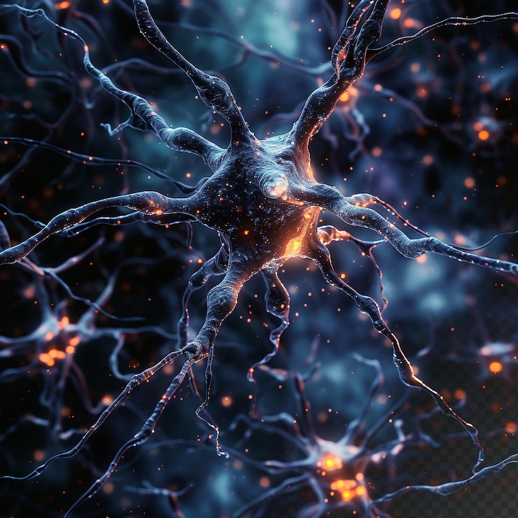 PSD frattali neuronali microscopici con particelle di luce blu, microbiologia medica, sfondo nero