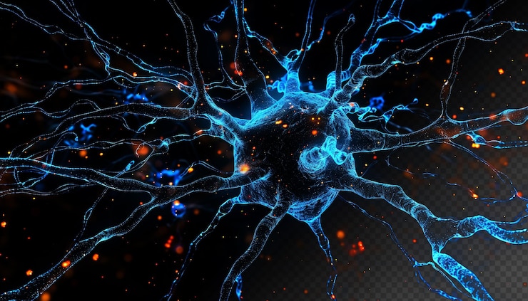 PSD frattali neuronali microscopici con particelle di luce blu, microbiologia medica, sfondo nero
