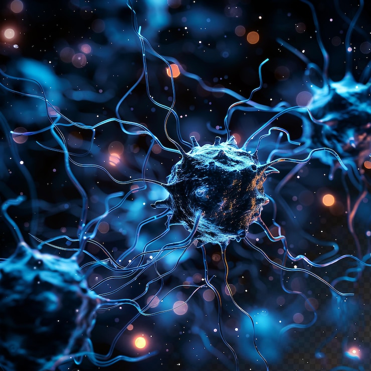 PSD frattali neuronali microscopici con particelle di luce blu, microbiologia medica, sfondo nero