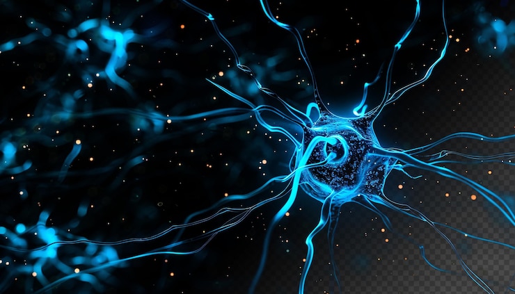 PSD frattali neuronali microscopici con particelle di luce blu, microbiologia medica, sfondo nero