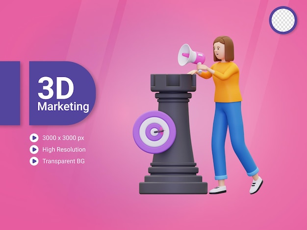 Frau 3d, die marketingstrategieillustration verwendet