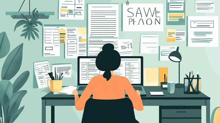 PSD frau arbeitet an einem schreibtisch mit papier und laptop