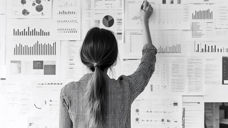PSD frau, die datendiagramme an einer wand überprüft