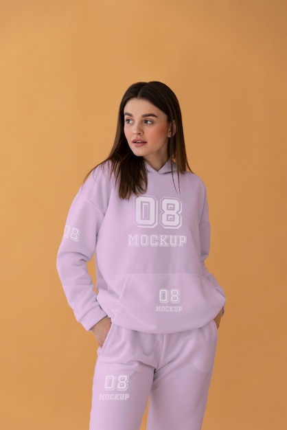 Frau, die im mittleren Schuss des Hoodies aufwirft