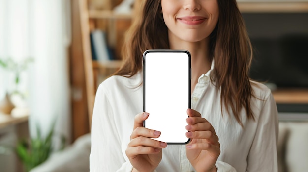 Frau hält ein Handy mit weißem, leeren Bildschirm mit Kopierraum