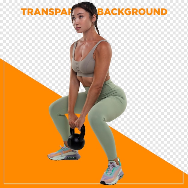Frau im Fitnessstudio, die Gewichte mit durchsichtigem Hintergrund hebt