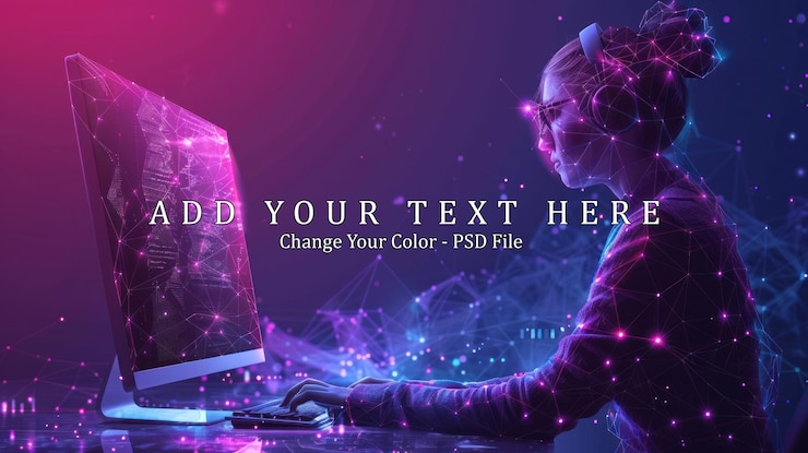 PSD frau in der digitalen welt technologie und daten visualisiert