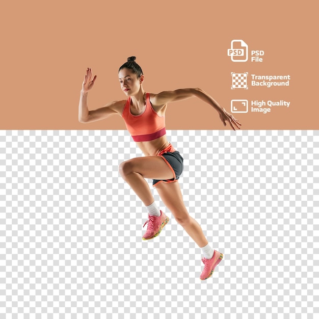 Frau in einer aktiven Laufpose, die Fitness und Sportlichkeit zeigt