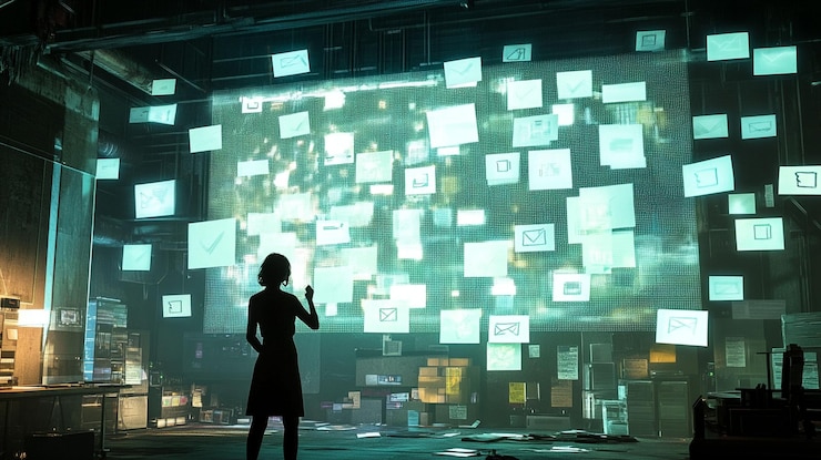 PSD frau in silhouette vor einem großen bildschirm, auf dem zahlreiche digitale notizen und nachrichten in einer dunklen industrieumgebung angezeigt werden
