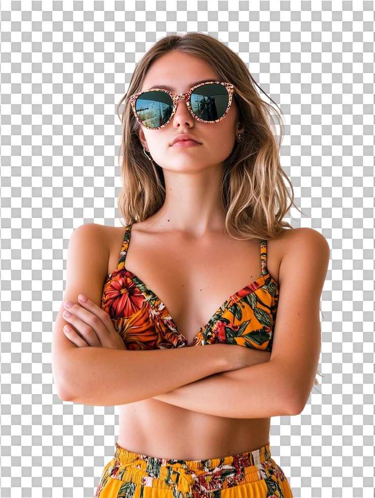 PSD frau in sommerkleidung mit gekreuzten armen auf durchsichtigem hintergrund, um sommermode und lässige eleganz zu zeigen