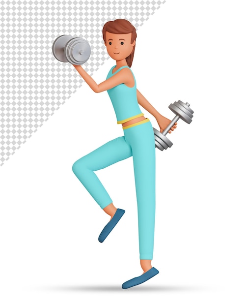 Frau in Sportkleidung macht sportliche Übungen mit Hanteln, 3D-Illustration
