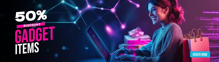 PSD frau macht online-shopping mit futuristischem hintergrund