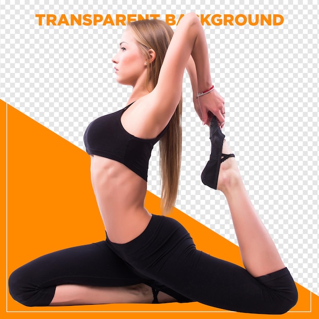Frau macht Pilates und Yoga-Übungen mit durchsichtigem Hintergrund