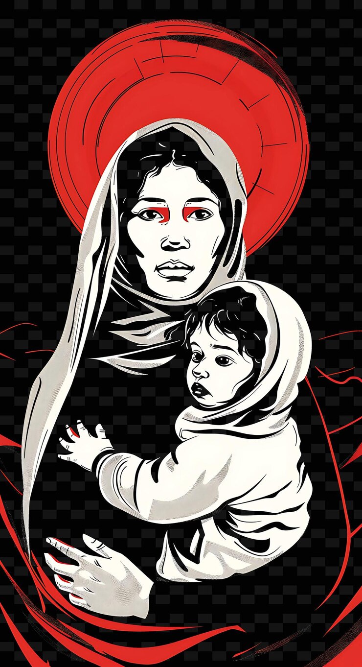 PSD frau mit einem kind in einem flüchtlingslager posterdesign mit kunst kreativer flacher illustration kunst
