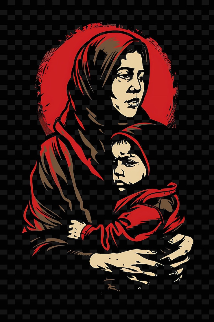 PSD frau mit einem kind in einem flüchtlingslager posterdesign mit noir creative flat illustration art