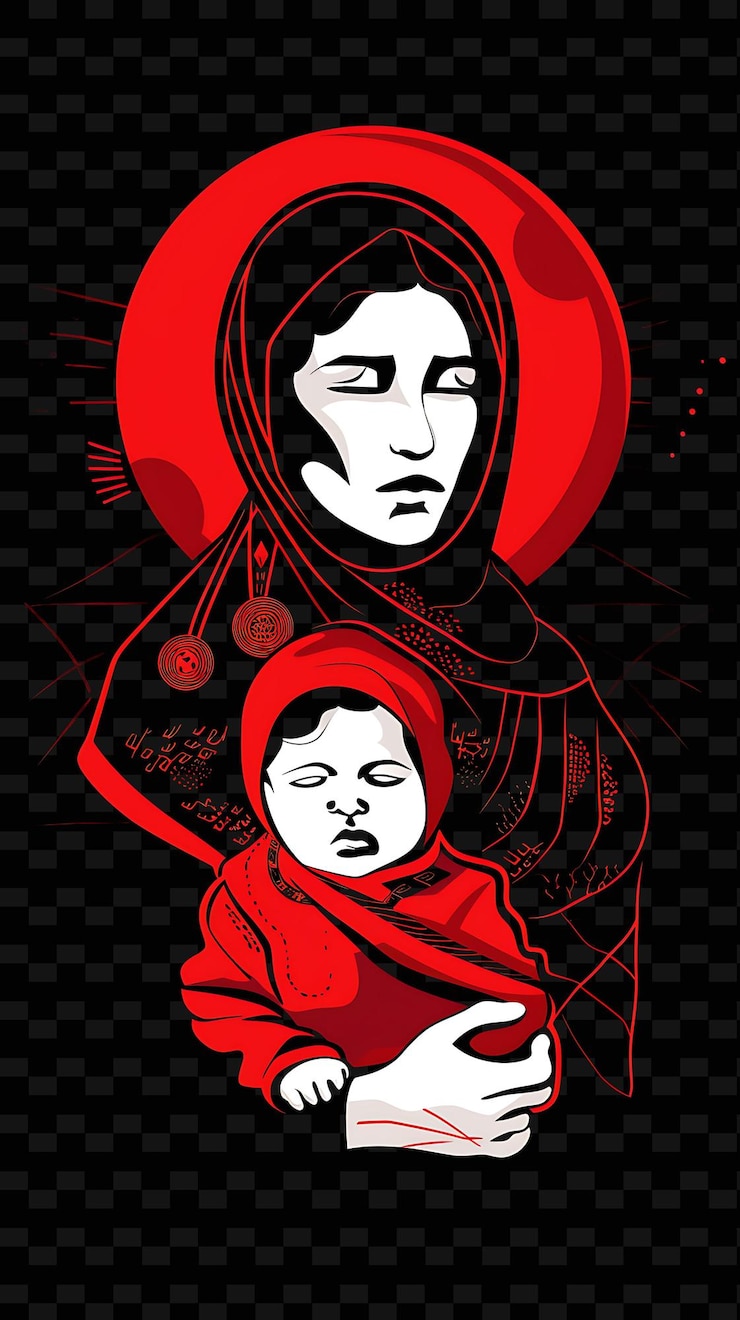 PSD frau mit einem kind in einem flüchtlingslager posterdesign mit symb creative flat illustration art