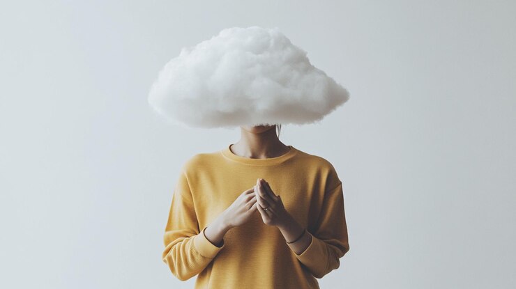 PSD frau mit einer wolke als kopf konzeptionelles bild des gedankens unsicherheit oder verwirrung
