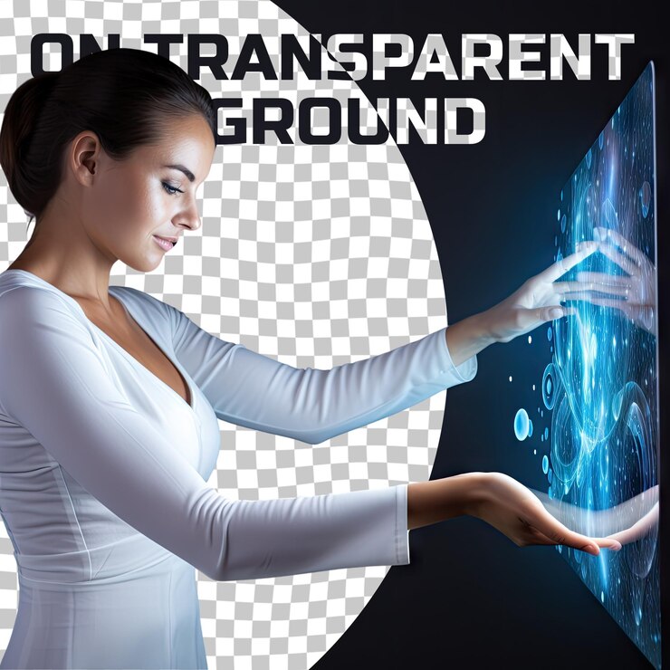 PSD frau mit touchscreen auf blauem hintergrund isoliert auf transparentem hintergrund