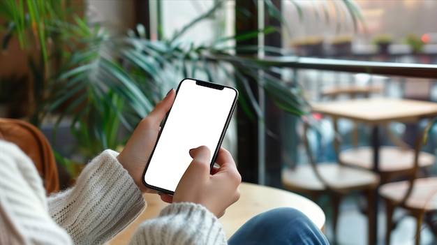 Frau sitzt an einem tisch und hält ein handy