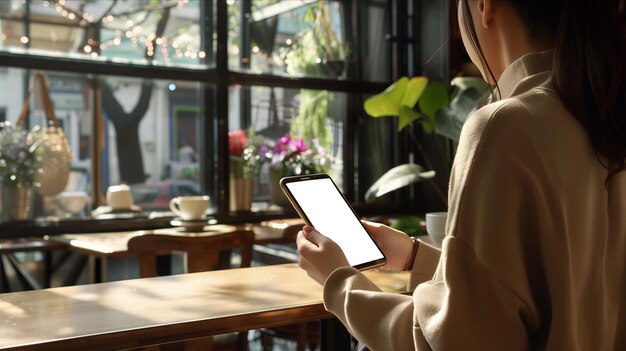 Frau sitzt an einem tisch und hält ein handy