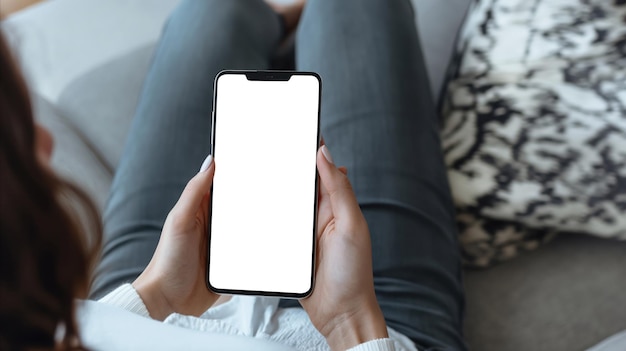 Frau sitzt auf der Couch und hält ein leeres Handy