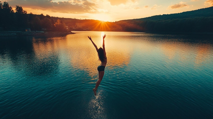 PSD frau springt bei sonnenuntergang in den see