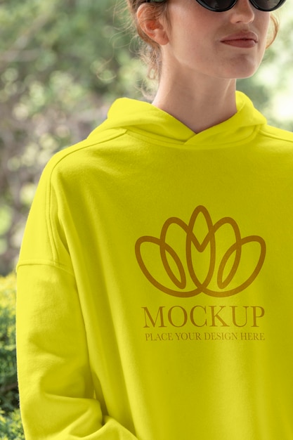 Frau trägt einen Mock-up-Hoodie