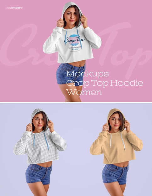Frauen crop top hoodie mockups. das design ist einfach beim anpassen des bilddesigns (auf hoodie, sleevs, torso), färben aller elemente hoodie und farbtonhose