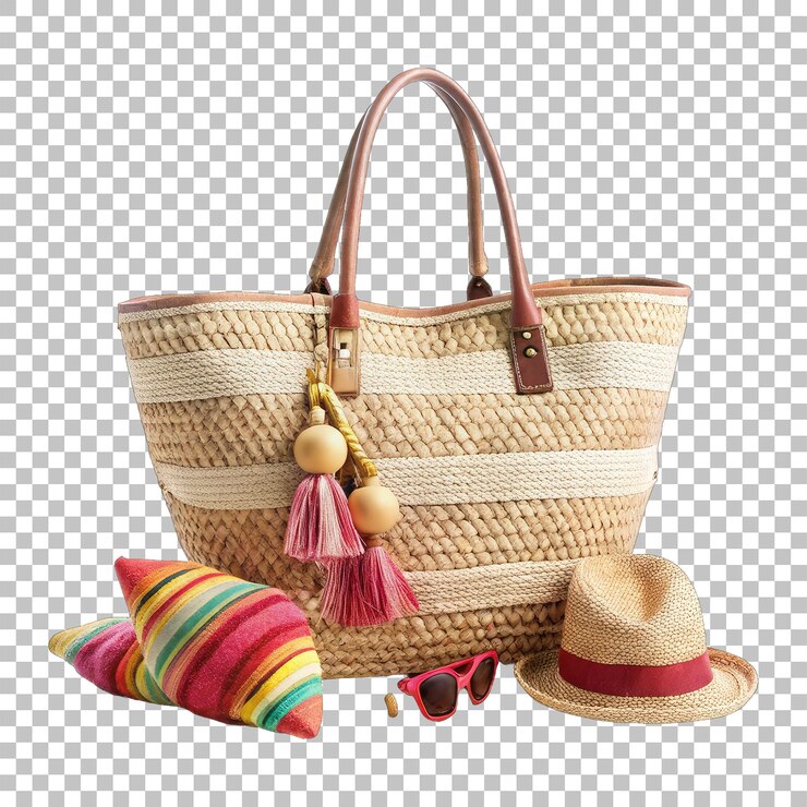 Free psd chic beach shopping bag cappello di paglia png su uno sfondo trasparente