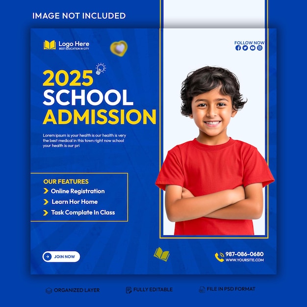 Free PSD School admission post nas redes sociais e modelo de post no Instagram