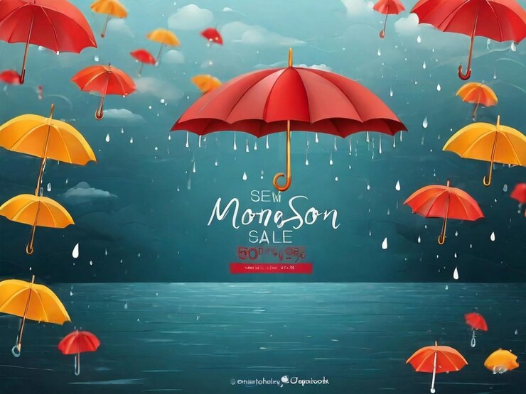PSD free vector monsoon season sale background with umbrella