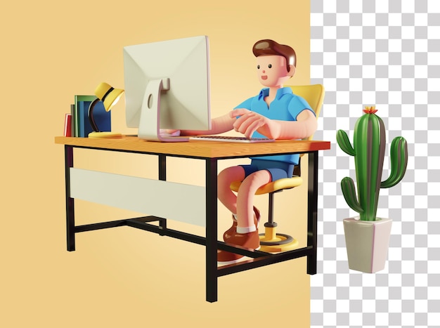 Freelancer masculino trabalhando na ilustração 3d do computador