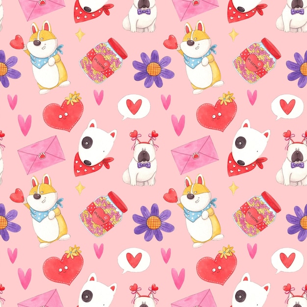 French Bulldog Letter Heart Cane marrone e bianco che tiene il cuore acquerello disegnato a mano a disegno senza cuciture