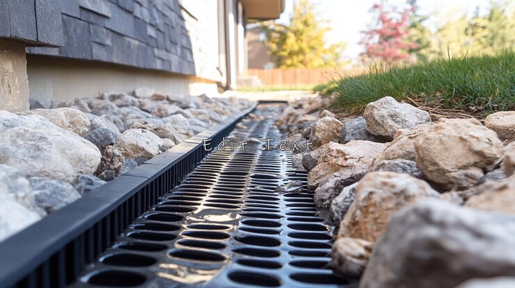 PSD french drain system installed along house foundation with rocks