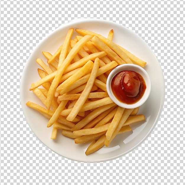 PSD french fries on white plate with ketchup isolated on transparent background