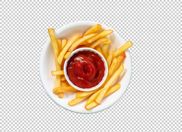 PSD french friesh avec du ketchup en plaque blanche sur la couche alpha