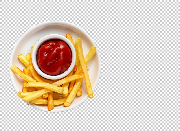PSD french friesh avec du ketchup en plaque blanche sur la couche alpha