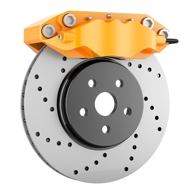 PSD un freno de disco de automóvil con representación 3d de caliper aislada en un fondo transparente