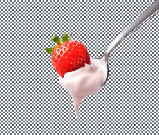 Fresa con crema en cuchara de plata aislada sobre un fondo transparente