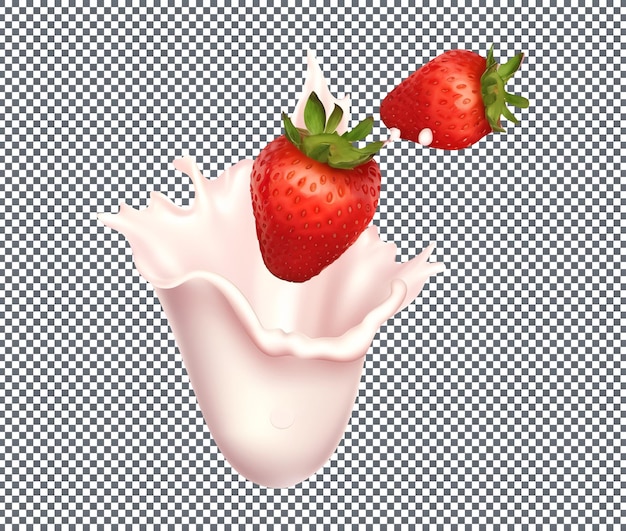 Fresa fresca con chorrito de leche aislado sobre fondo transparente