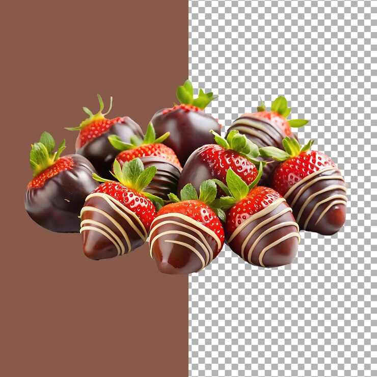 Fresas cubiertas de chocolate con gotas de chocolate blanco sobre un fondo transparente