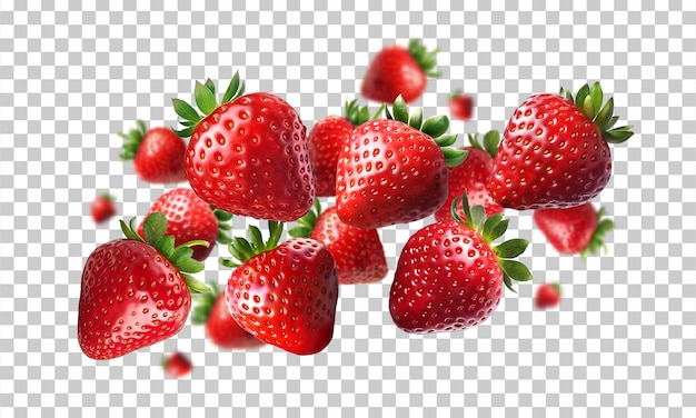 Fresas flotando en el aire aisladas en un fondo transparente