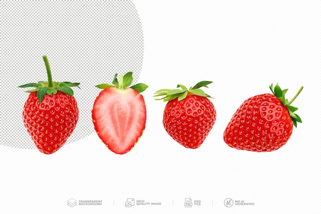 Fresas fresas enteras y cortadas sobre un fondo transparente