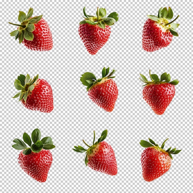Fresas fresas que caen aisladas sobre un fondo transparente