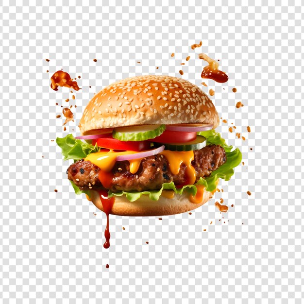 PSD fresca y deliciosa hamburguesa voladora con carne, queso, salsa de tomate y lechuga en un fondo transparente