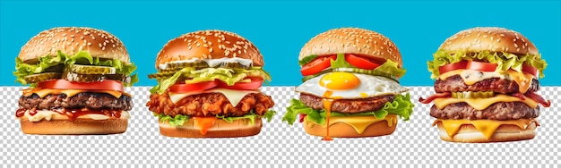 Fresco del conjunto sabrosa hamburguesa huevo frito doble carne pollo frito vista lateral IA generativa