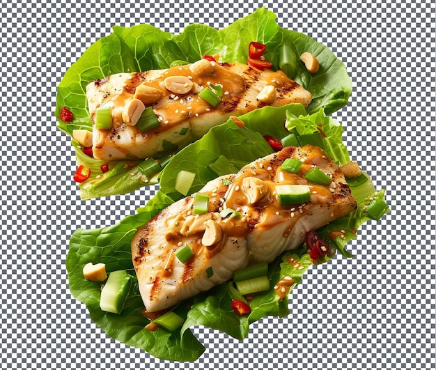 PSD fresh and tasty grilled tilapia lettuce wraps com molho de amendoim isolado em fundo transparente